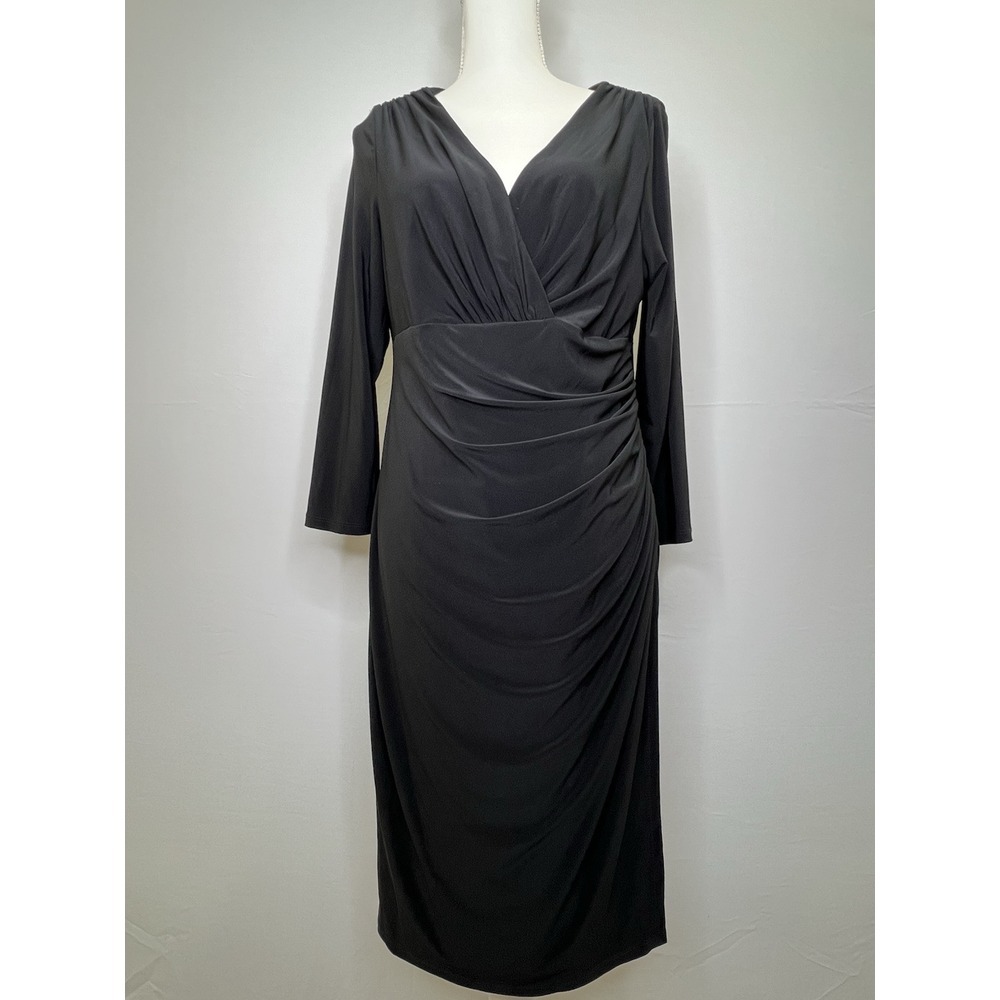 Lauren Ralph Lauren Black 3/4 Sleeve Body Con Midi Stretch Jersey Dress Size 16